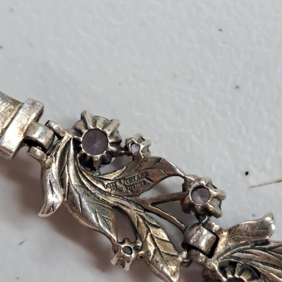 Beautiful Vintage Sterling Silver Amethyst Marcasite Flower Leaf Bracelet - Picture 11 of 12